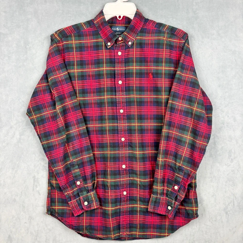 Ralph Lauren Boys XL 18-20 Red Green Plaid Cotton Button Down Shirt Pony Logo